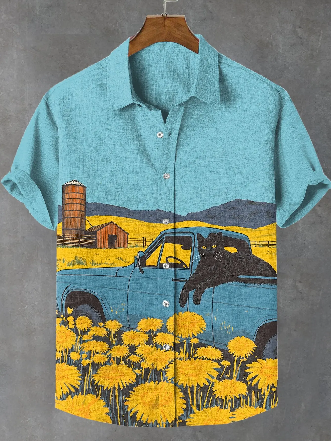 Men's Summer Japanese Style Art Cat Pattern Print men's Retro Linen Short Sleeved Shirt Casual Simple Button Top camisa hombre