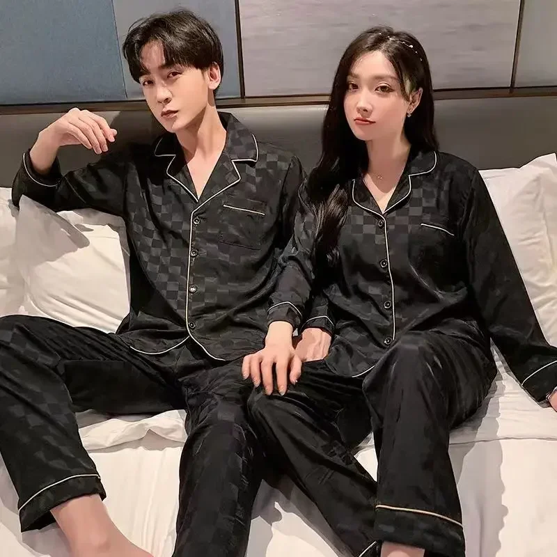 2024 New Couple Pajamas Women Spring Autumn Ice Silk Large Size Sleepwear Long Sleeved Thin Style Summer Men\'s V-neck Homewear