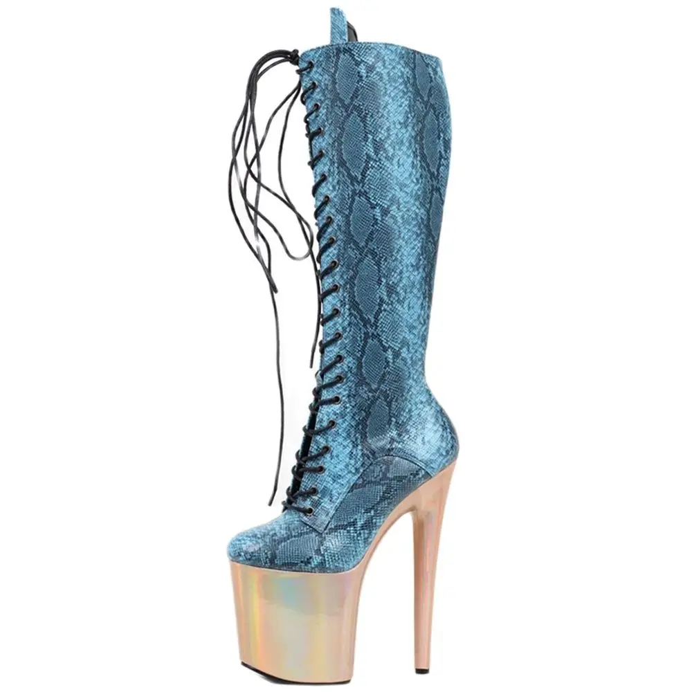 

jialuowei Knee-high Boots 20CM High Spike Heel Platform Serpentine Pattern Cross-tied Women Party Nightclub Shoes