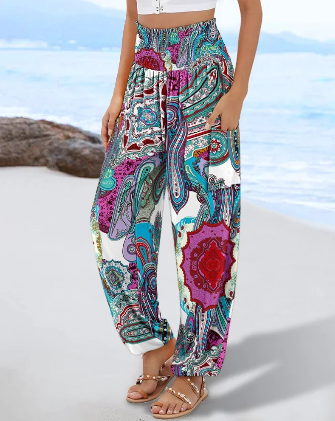 

Women's Ethnic Trousers 2025 Spring Summer Tribal Print Shirred High Waist Cinched Hem Long Pants Vacation Pants with Pocket