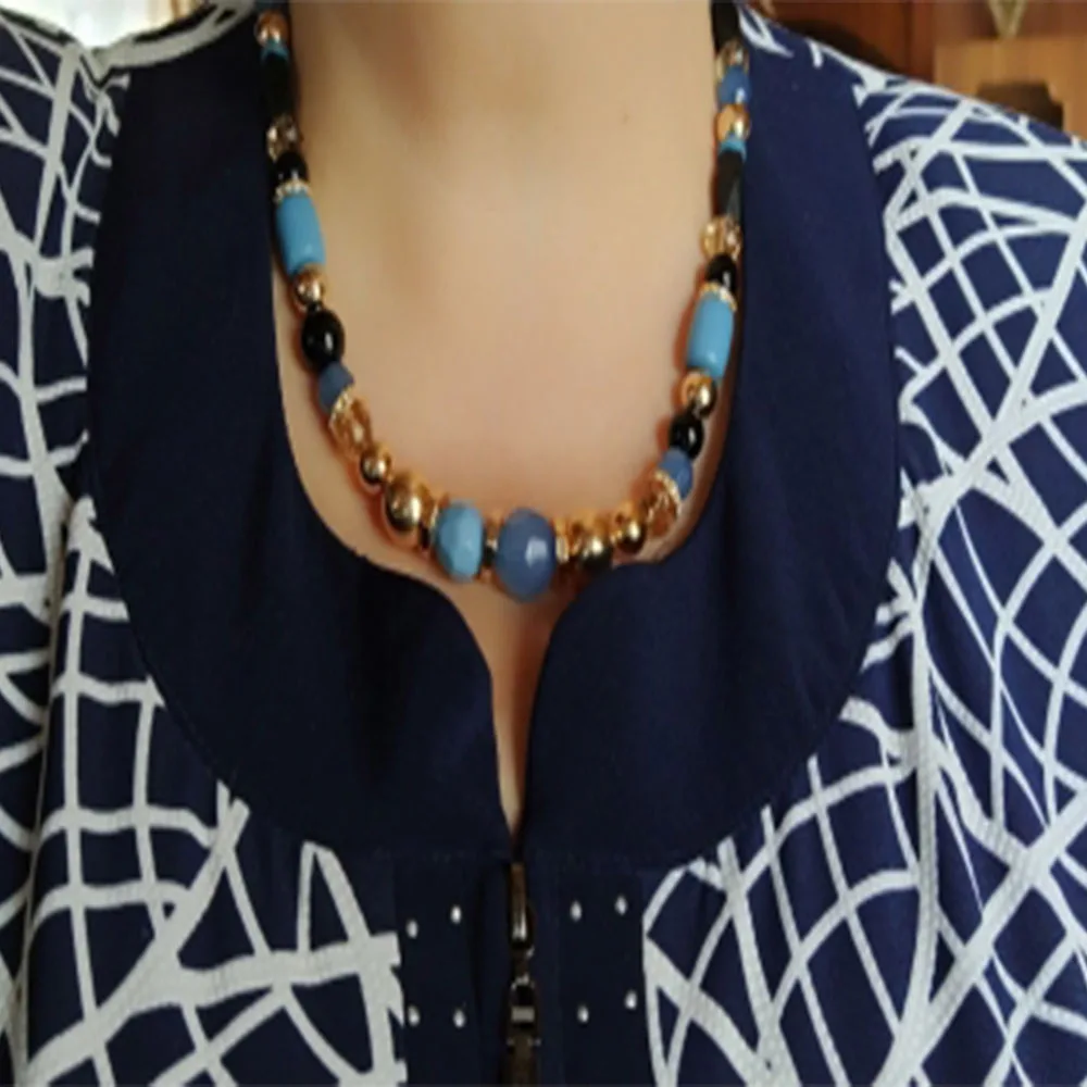 Casual Sweater Necklace Gold Color Plating  Blue Tone Stone Strand Necklace For Women Bohemia Statement Vintage Jewelry