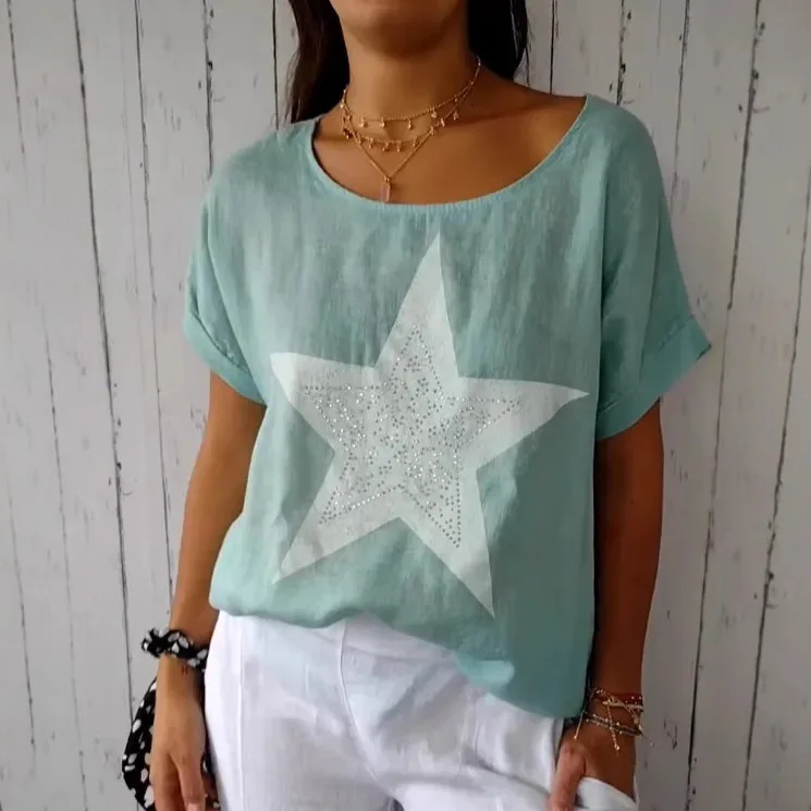 

Summer New Casual T-shirt Fashion O-neck Short Sleeve Star Print Hot Diamonds Top Lady Commuting Cotton Linen Pullover Top