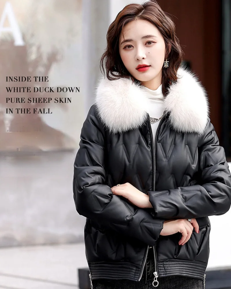 Casual Genuine Leather Jacket Women Winter 2023 Real Fox Fur Collar Sheepskin Coats Female Chaquetas Para Mujer Gxy1238