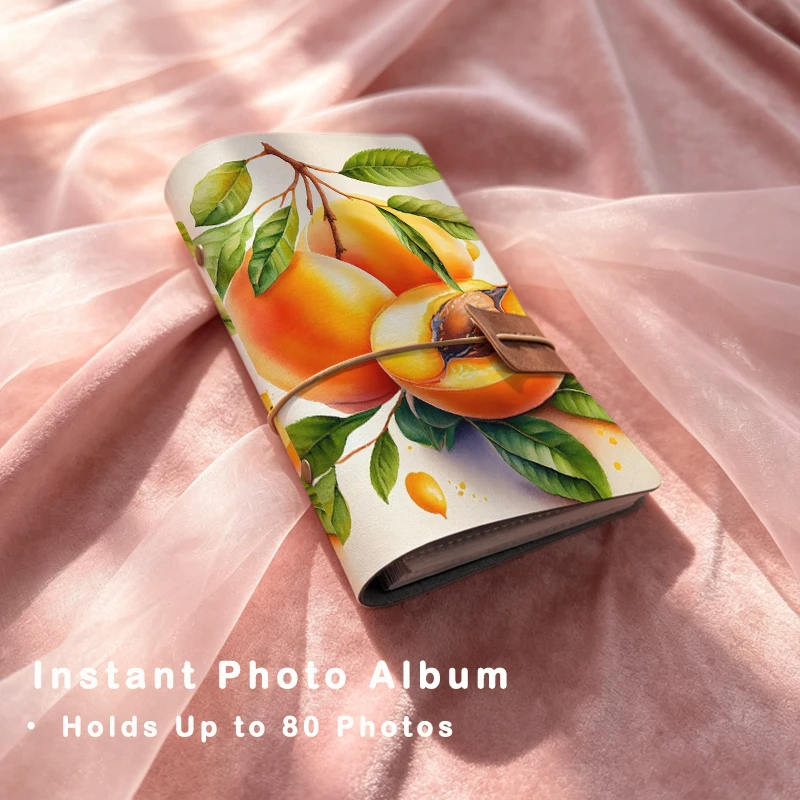 Fresh Watercolor Yellow Peach Fruit Green Leaf Branch Print Vertical Instant Photo Album Sweet Gift for Girls & Fruit Art Lovers
