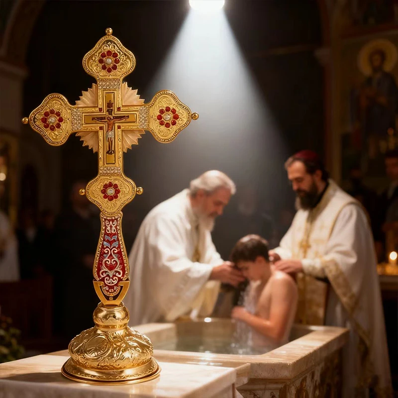 Vergoldetes Orthodoxes Standkreuz mit Emaille- und Kristalleinlage und Kruzifix-Ikone, Hochwertiges Kirchenaltar-Kreuz für Liturgie und spirituelle Zwecke – Detail 8