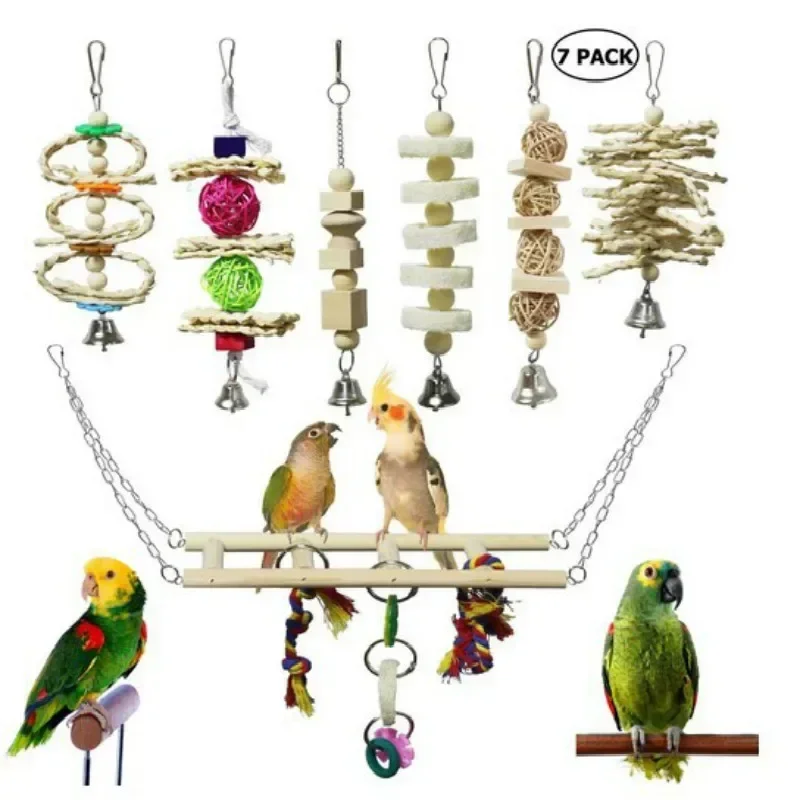 A New 7 Pcs Parrot Toy Primary Color Set Hanging Bridge Rattan Ball Series Towel Gourd Slice String Toy Bird Toys