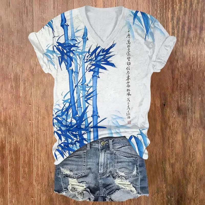 Vintage Zen Bamboo Ink Painting Pattern Print Short Sleeved V-neck T-shirt Summer Women's T Shirts