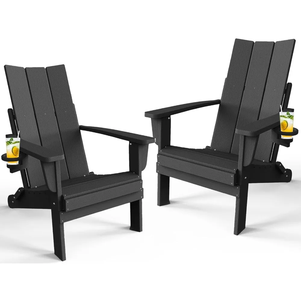 

Adirondack Chair with Cup Holder Set of 2, Folding Outdoor Lawn Chair, HDPE Plastic Fire Pit Chair, Weather Resistant Patio Chai