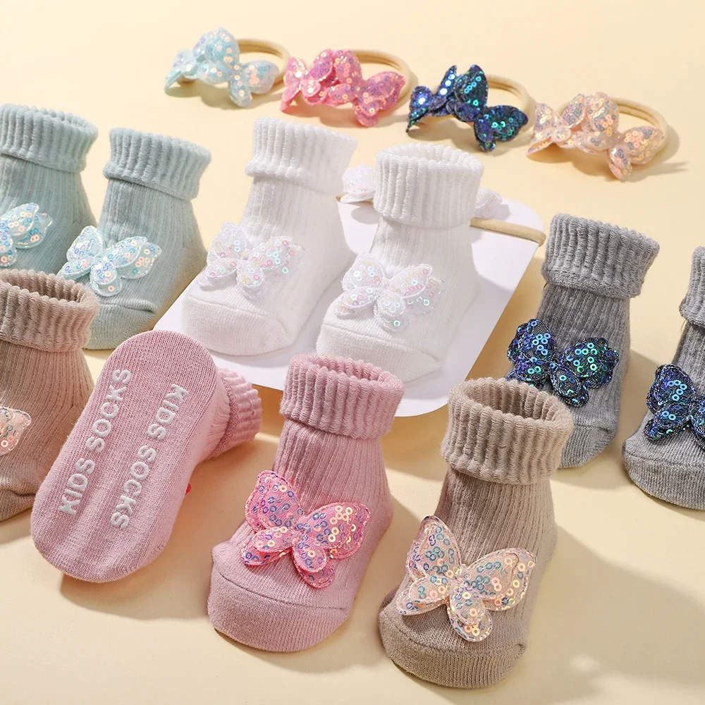 1 Set Cute Cartoon Baby Socks Hair Band Infant Toddler Non Slip Breathable Short Socks Newborn Sequin Bows Headband Sets Gift