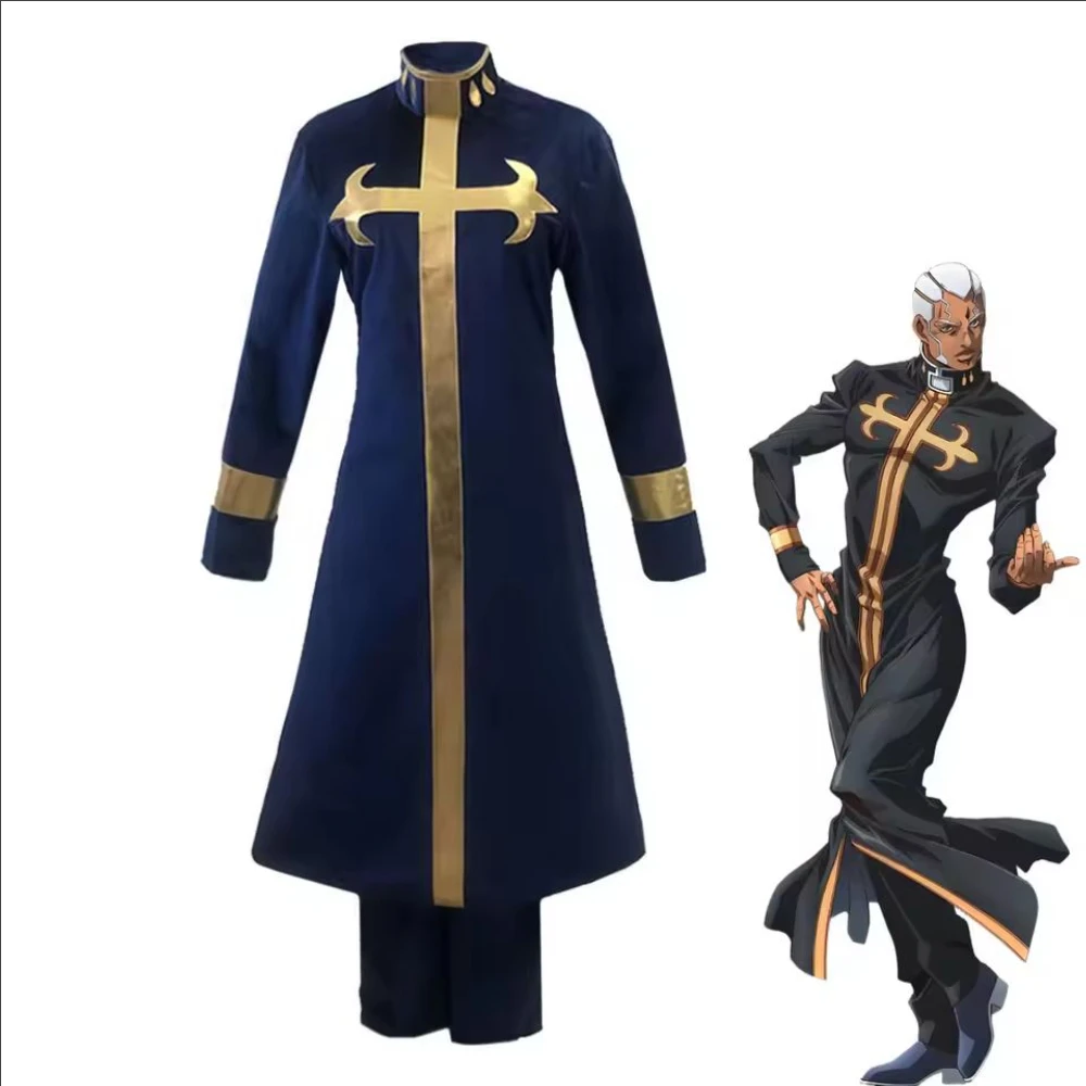 Velvet Clergy Men Role Play Costume Long Stand Collar Cross Robe Gold Belt Pants Full Outfit Carnival Masquerade Stage Wear