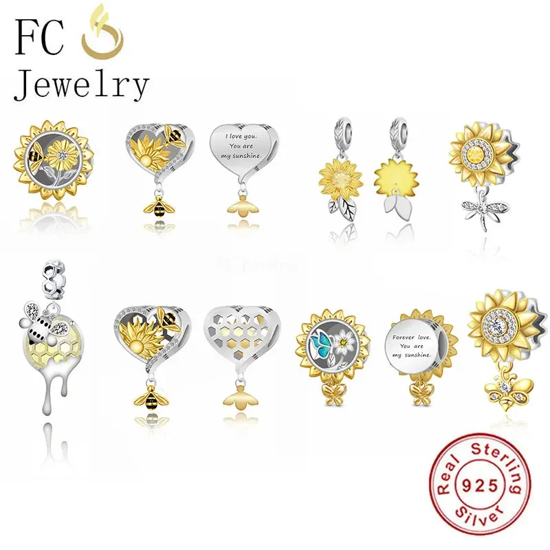 FC Jewelry Fit Original Pan Charms Bracelet 925 Silver Sunflower Buttetfly Honeybee Bead For Making You Are My Sunshine Berloque