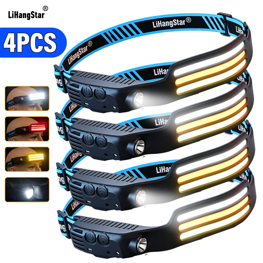 LiHangStar, lampada frontale ricaricabile con 4 elementi, 3 LED COB e faretto laterale, torcia a LED ad alta luminosità, luce bianca + luce bianca calda + luce rossa, batteria integrata, 8 modalità di