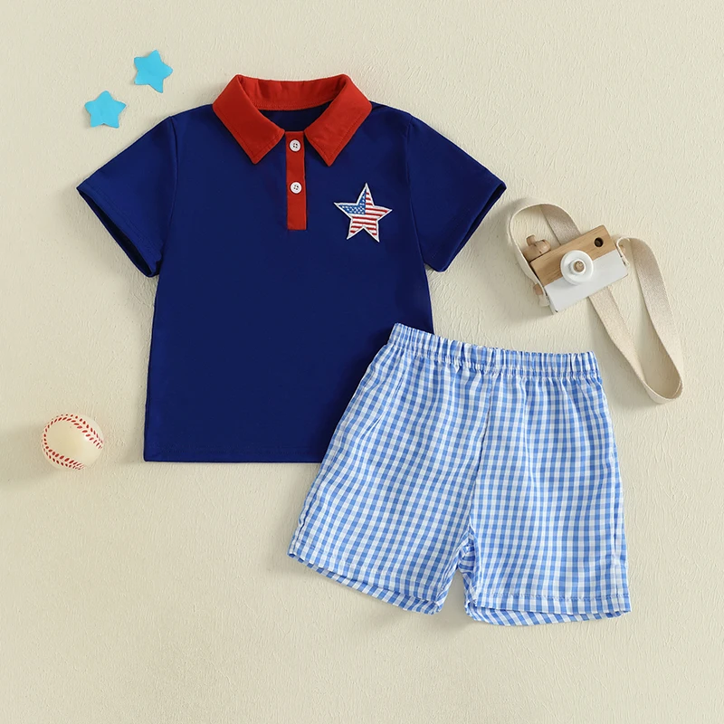 تي شيرت للأطفال الصغار في الرابع من يوليو بأكمام قصيرة وطية صدر مطرزة على شكل نجمة مع شورت منقوش بخصر مطاطي #2
