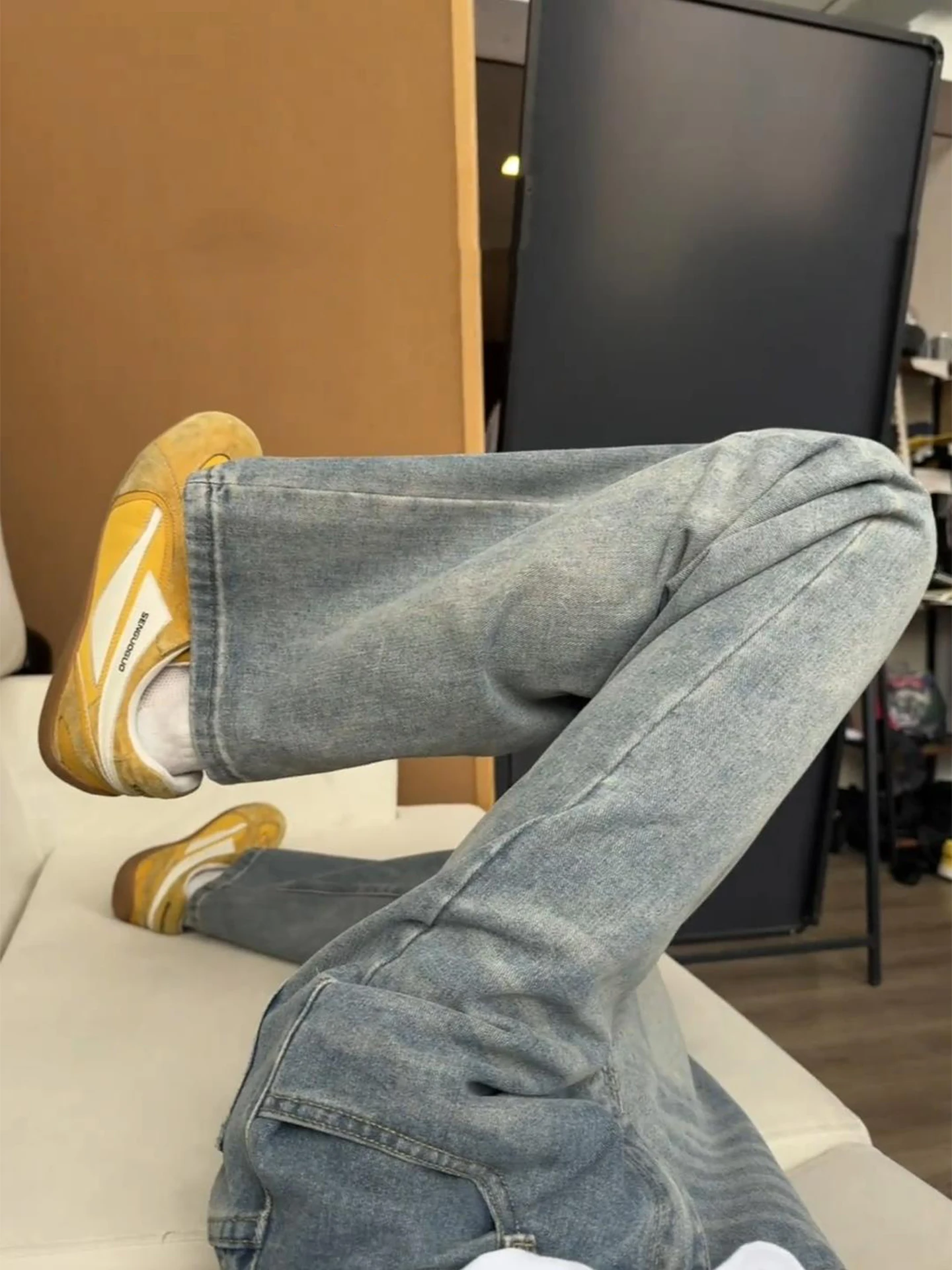 

Мужские джинсы в американском ретро-стиле, синие, прямые, с эффектом утягивания, зауженные к низу, с высокой талией, для стройного силуэта