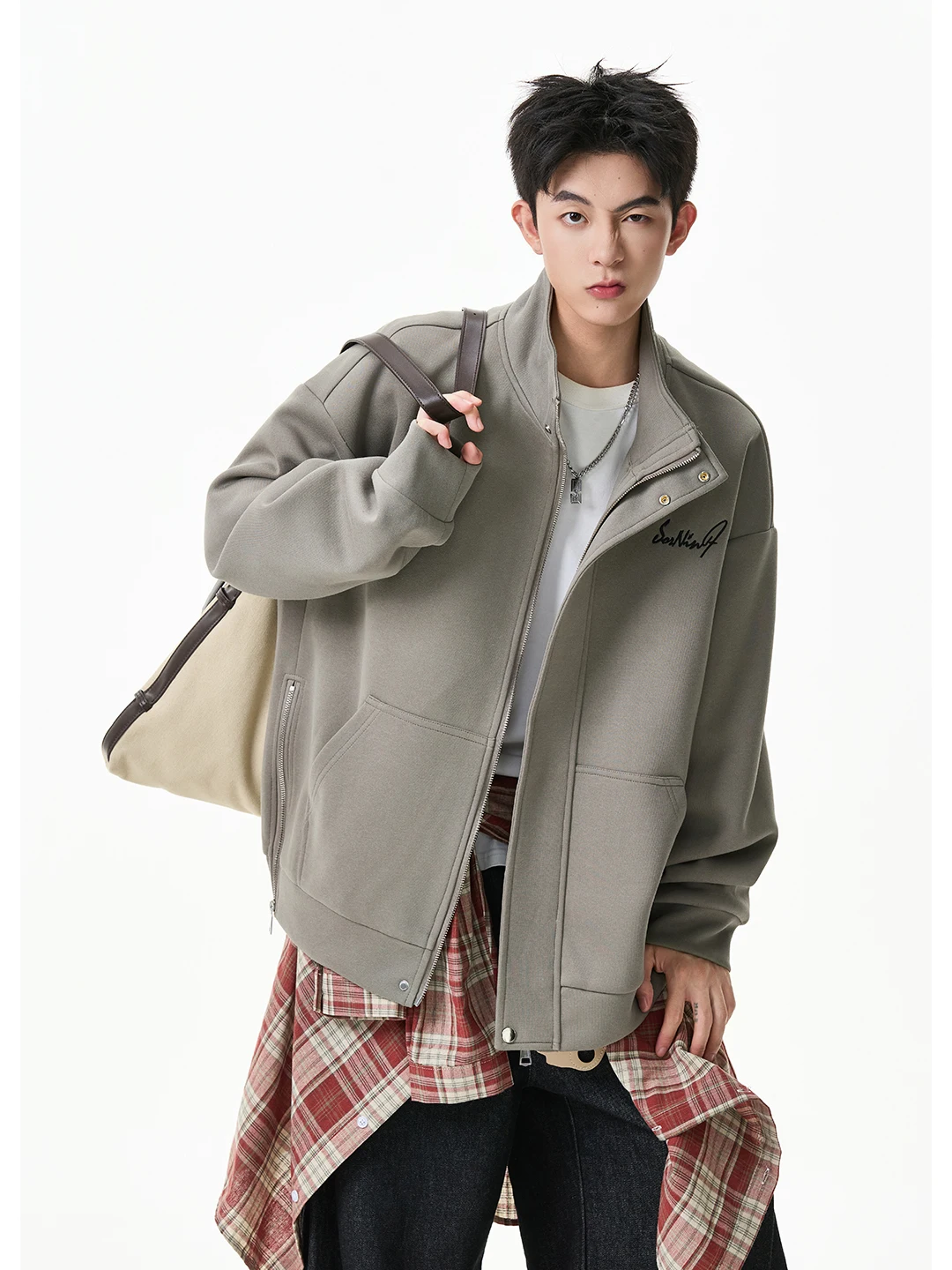 

Men's Baseball Jaet with Side Zipper And Embroidery Cleanfit Loose Sle Autumn Faion Brand Stand Collar Zipper Coat