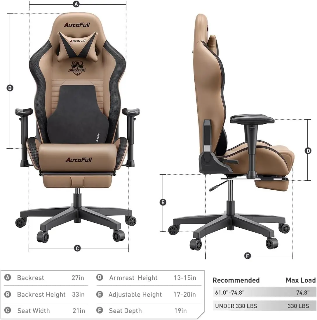 PC Chair with Ergonomics Lumbar Support, Racing Style PU Leather High Back Adjustable Swivel Task Chair with Footrest (Brown)