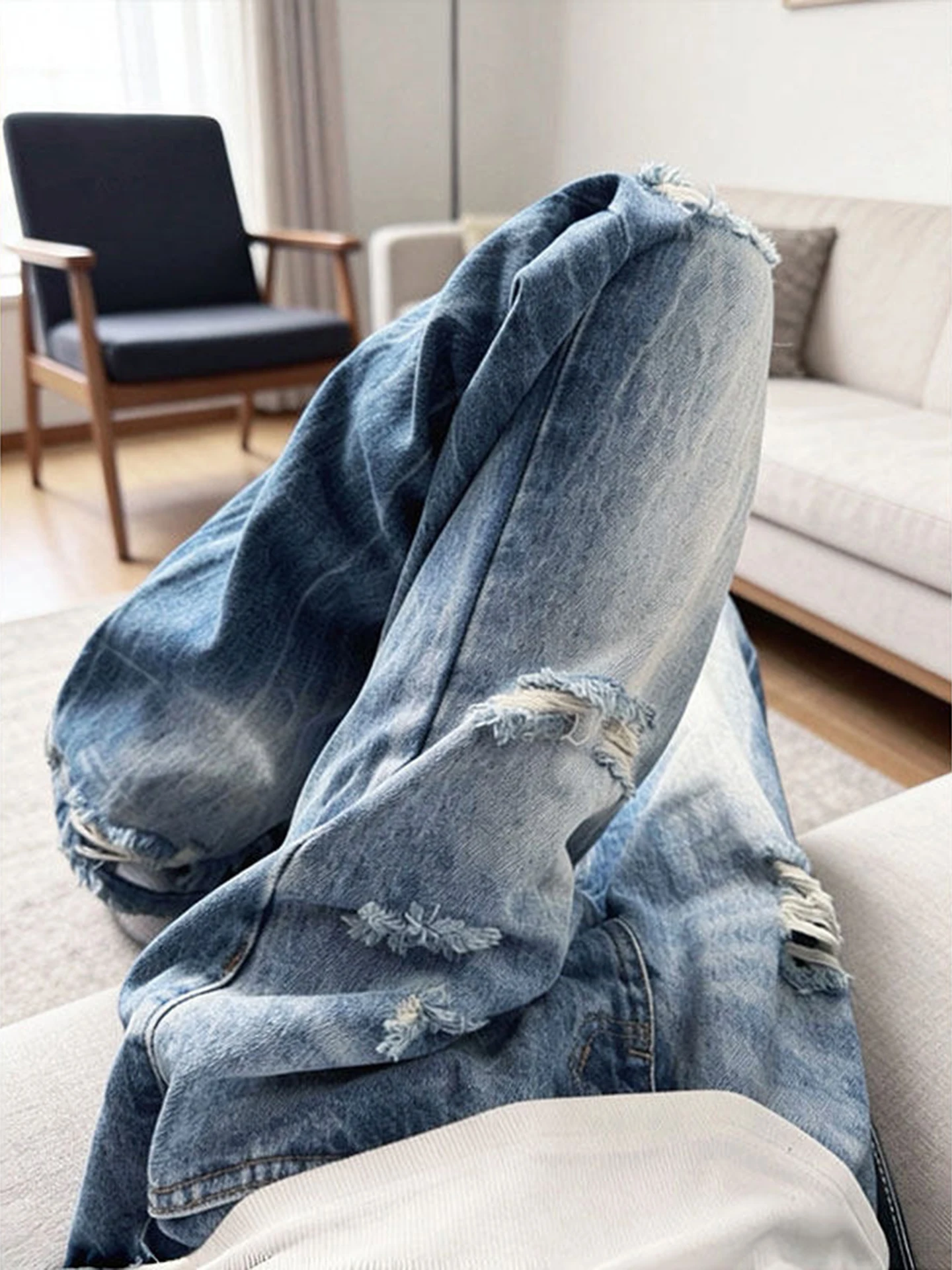 

Cleanfit Men's High Street Style Lightning Pattern Destroyed Jeans Straight Leg Micro Flared Casual Cotton Denim Pants