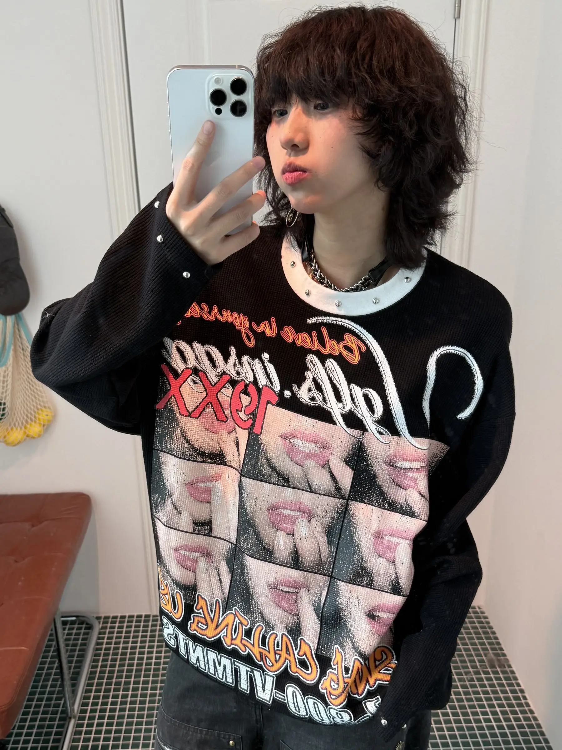 Dark Style Long Sleeve T-Shirt Unisex Shadow Planet Personage Print Cotton Polyester Blend Rivet Craft Waffle Texture Trendy ...