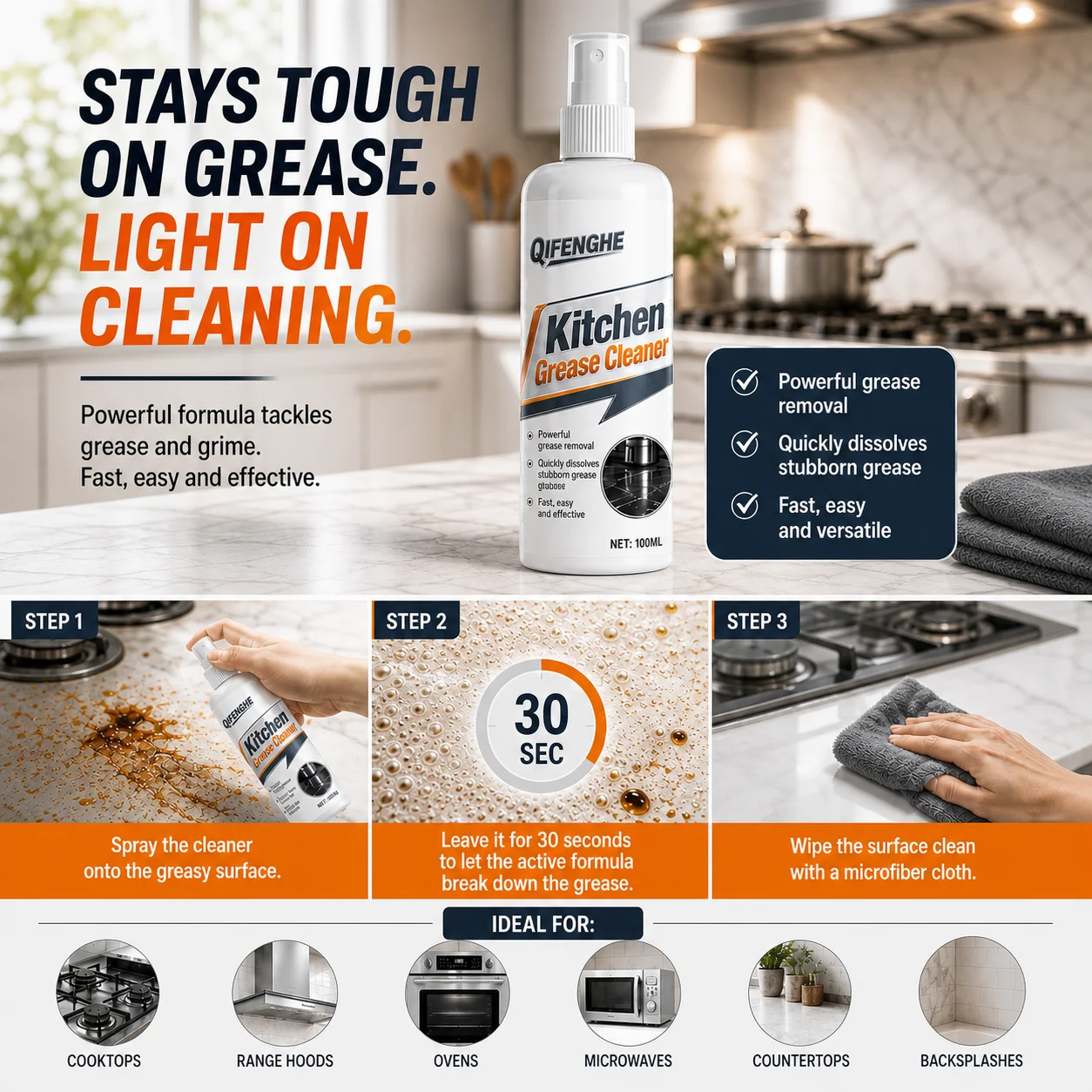 QIFENGHE Kitchen Grease Cleaner Spray 100ml, Heavy Duty Degreaser, Removes Stubborn Oil Stains for Stove, Hood, Cookware, With C