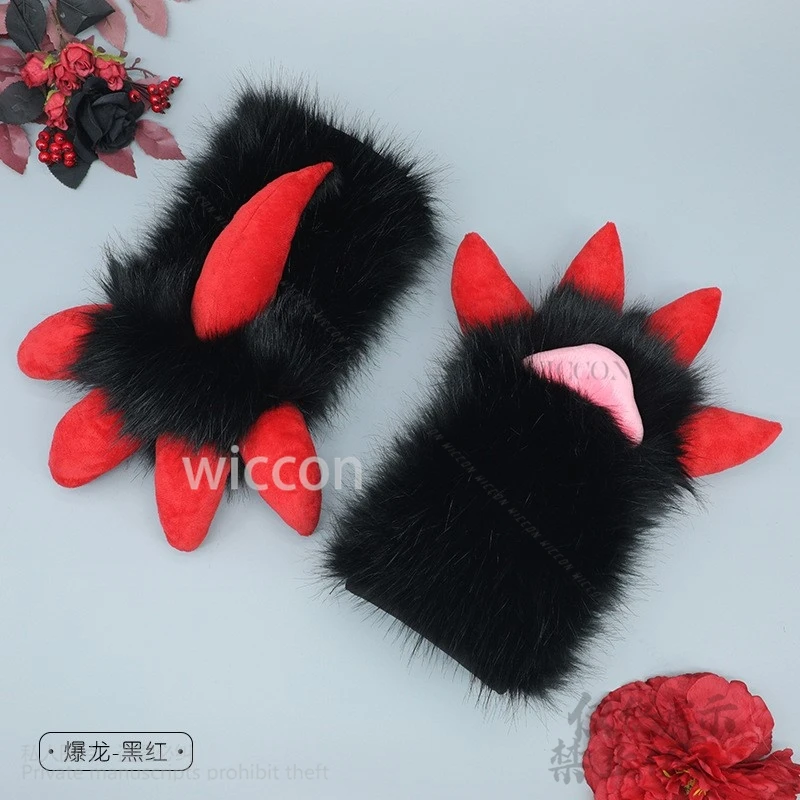التنين مخلب باو كيغ فروي Fursuit قفازات لطيف كاواي أحمر أسود أبيض فرو الدعامة فتاة المرأة رجل هالوين البدلة تأثيري مخصصة