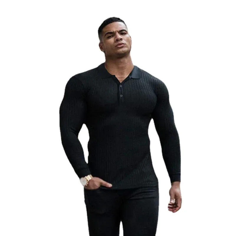 Autumn Fashion Knitted Polo Shirt Men Classic White Ribbed Skinny Long Sleeve Polos Male Elastic Breathable Sports Jersey Shirt