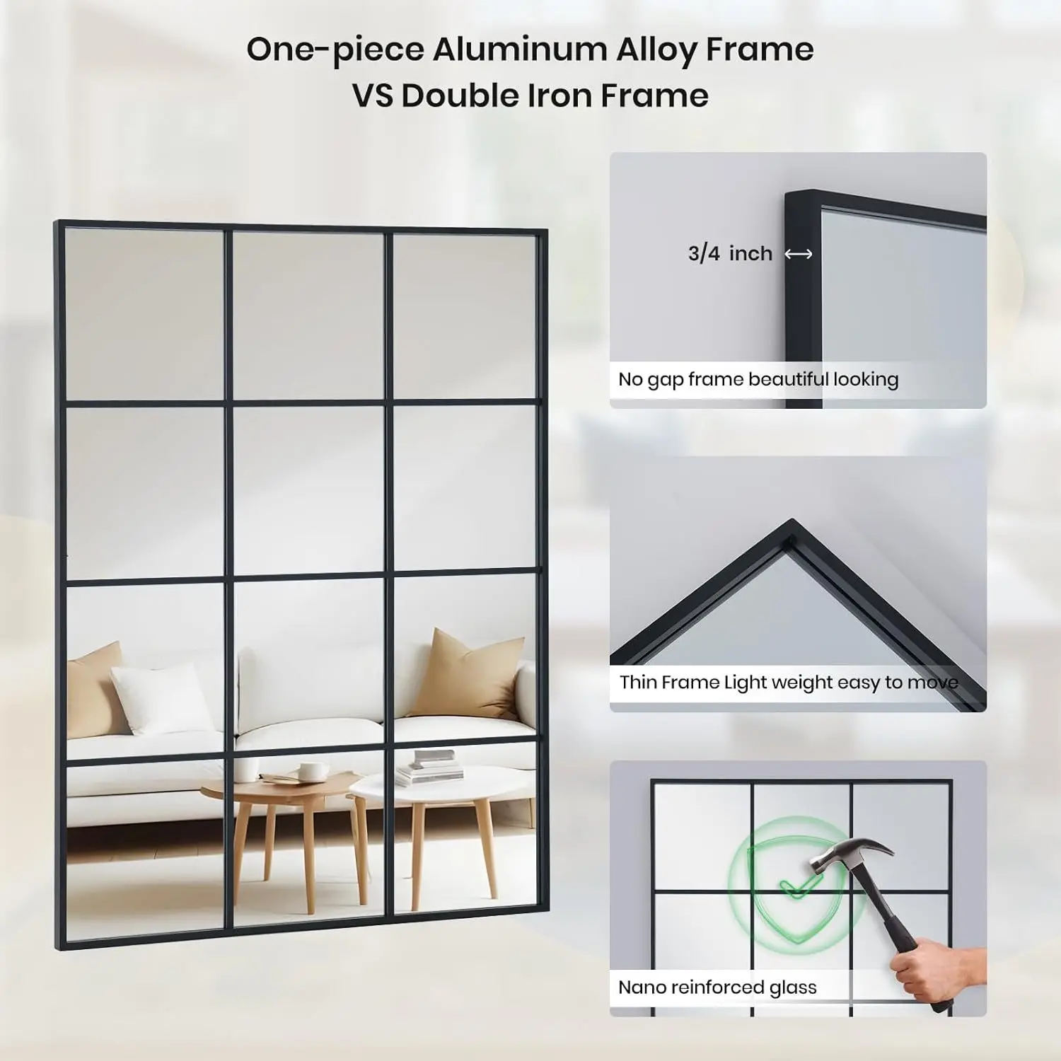 

Windowpane Wall Mirror 30"x48" Wall Mounted Art Pane Mirror Leaning Hanging Wall Mirror for Bedroom Living Room
