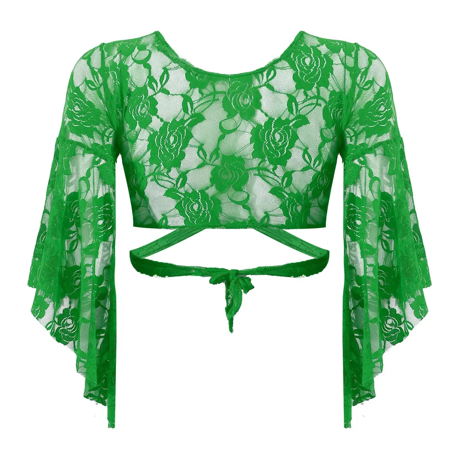 Damskie Przezroczyste Koronkowe Narzutki Strój do Tańca Brzucha Damski Top do Tańca Brzucha Rękaw 3/4 Rozszerzany Kardigan Sznurowany Otulający Crop Top