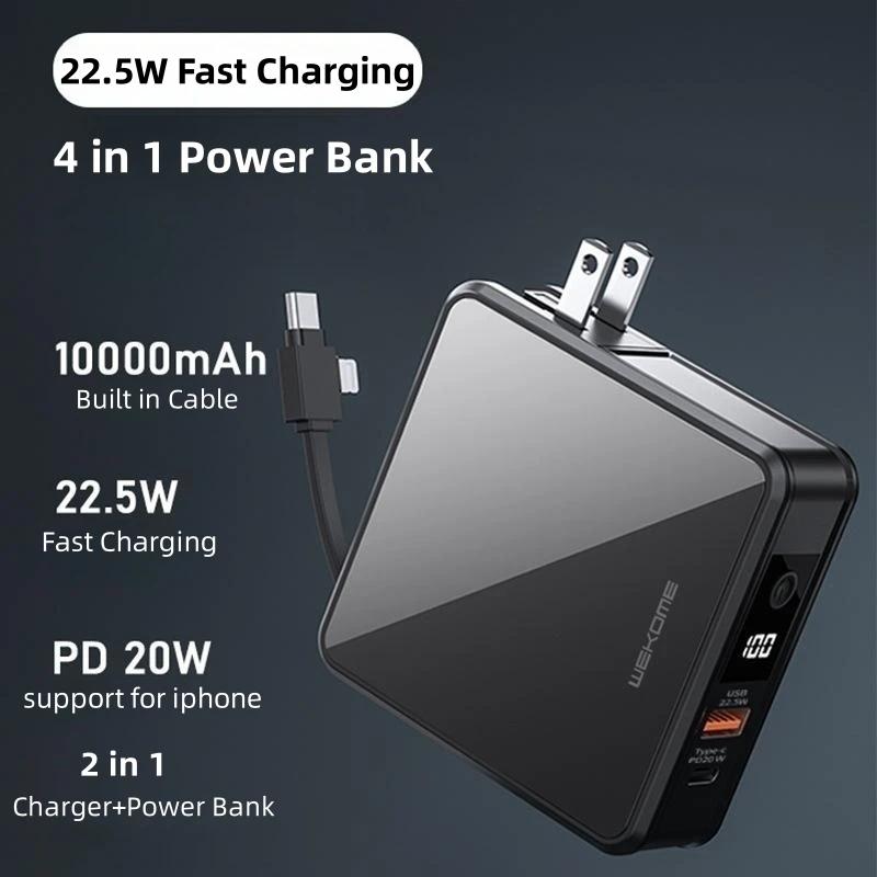 

Mini Power Bank 10000mAh USB C Port with Plug Wall Charger Portable 22.5W Fast Charging Powerbank for iPhone 15 X Xiaomi Samsung