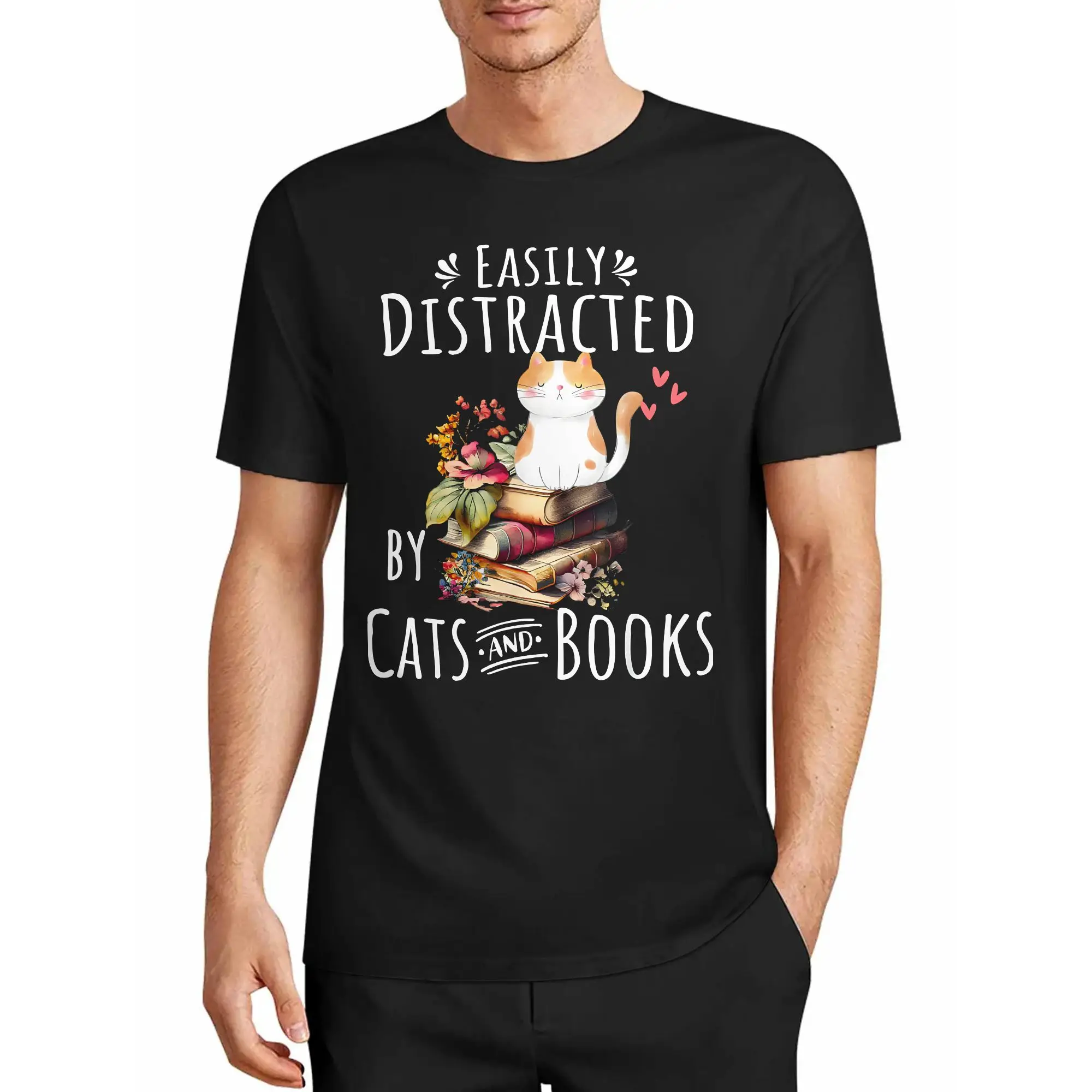 Black Background Watercolor Floral Cat Book Pattern T-Shirt, Artistic Youth's Daily Gentle Style Outfit Top