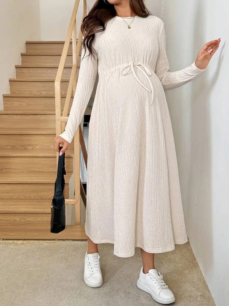 

Maternity Casual Solid Ribbed Long Sleeve Midi Dress With Waist Tie