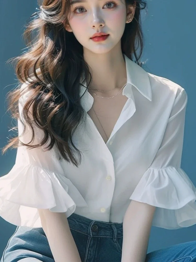 

Dress Shirts Office Outfits Summer Female Tops Women's Shirt and Blouse Wear To Work Button Up White Formal High Quality M Xl