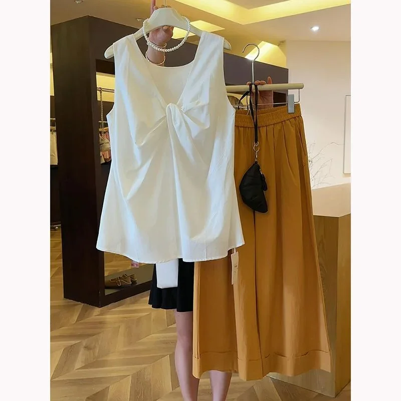 

New High End Fashion Two Piece Set Women Summer Twisted V-neck Sleeveless Vest Top + Casaul Loose Wide Leg Pants Outfits Elegant