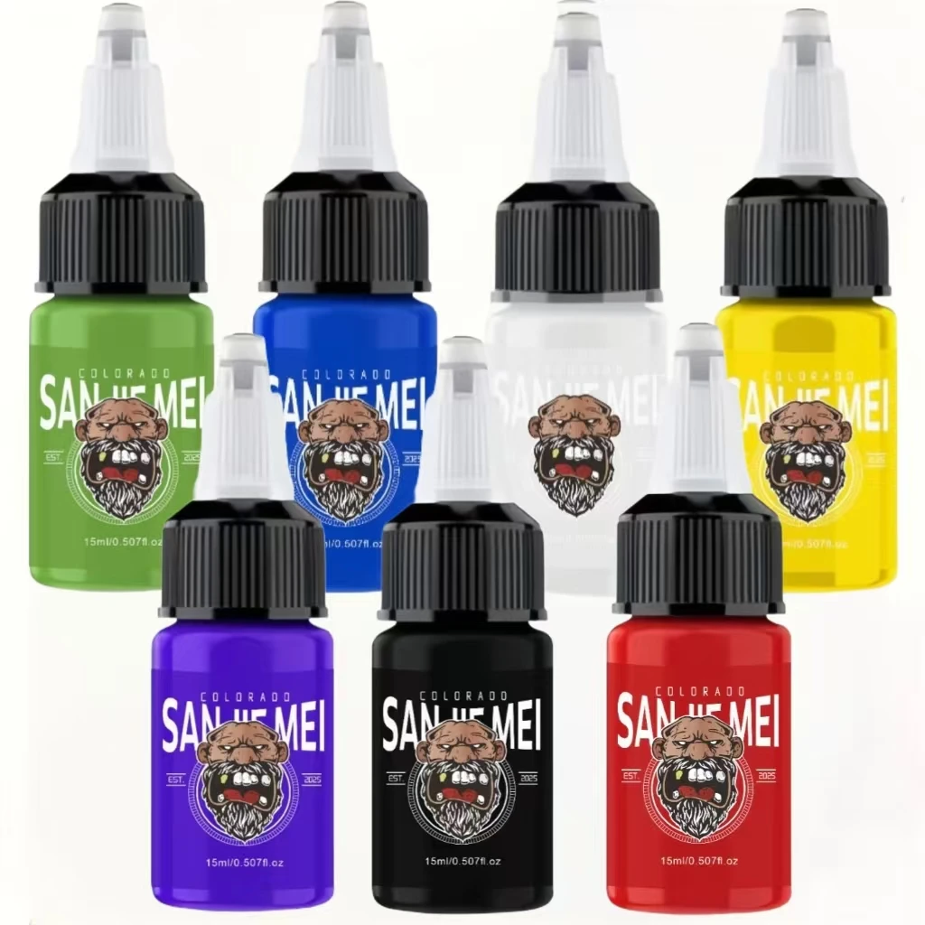 7-Color - Tattoo Ink - Black - Miniature Knife Paint and UV Tattoo Ink - Tattoo Supplies - For Professional Body Tattoos and Artistic Paintings (8 Bottles - 15 mL per Bottle)