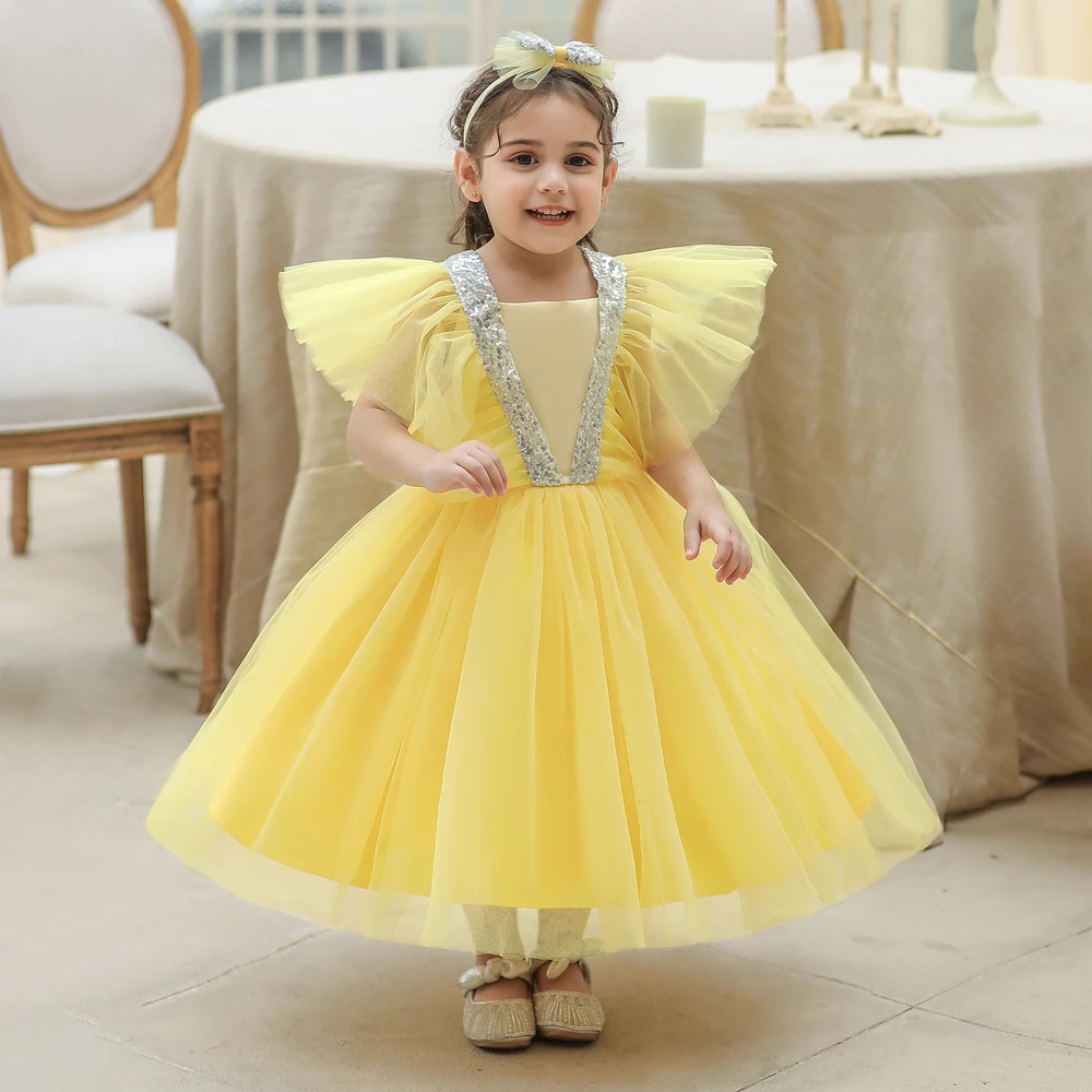 Toddler Bow sequin Baby Girl Party Dress Baptism 1st Birthday Princess Wedding Kids Dresses for Girl Wedding Bridemaid Prom Gown