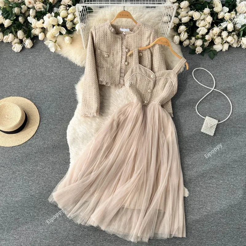 

2024 New Autumn Spaghetti Strap Woolen Patchwork Mesh Tulles Dress + Short Tweed Jacket Coat for Women 2 Pieces Set Outfits