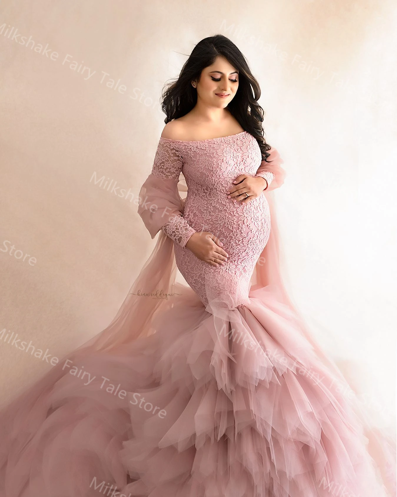 Pink Mermaid Maternity Robes for Photography Lace Tiered Ruffles Pregnant Women Dresses Sexy Customized Baby Shower Gowns