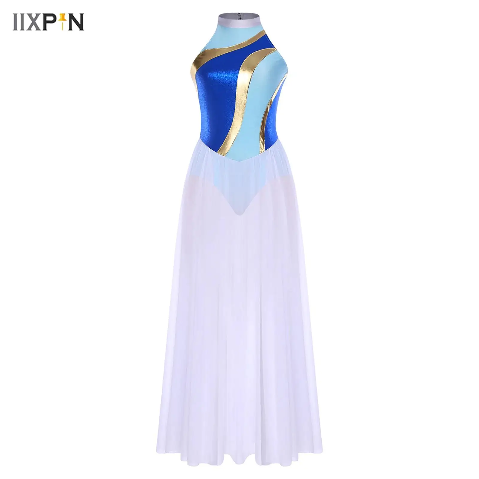 

Women Lyrical Dance Dress Modern Contemporary Dress Halter Mock Neck Sleeveless Color Block Flowing Overlay Chiffon Long Skirt