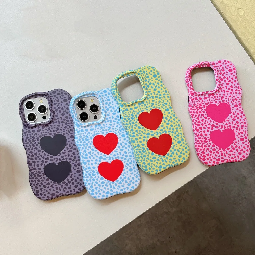 

New Korean INS Color Collision Love Leopard Print Wave Shape Phone Case For iPhone 17 16 15 14 13 Pro Max Protective Cover