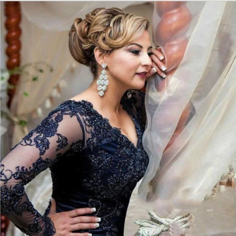 À venda charming dark navy lace sereia manga longa mãe dos vestidos de noiva decote em v vestidos de festa de casamento voltar para fora 2022