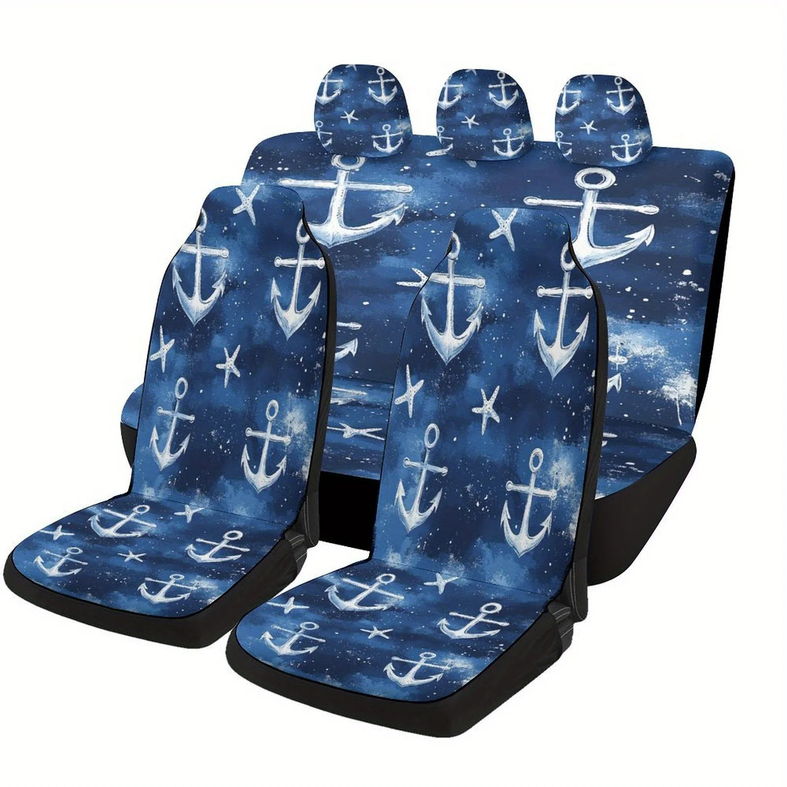 Anchors And Stars Designed Car Seat Cover Set For Most Cars, Trendy Novelty High-quality Car Seat Protector Covers Full Set, Uni