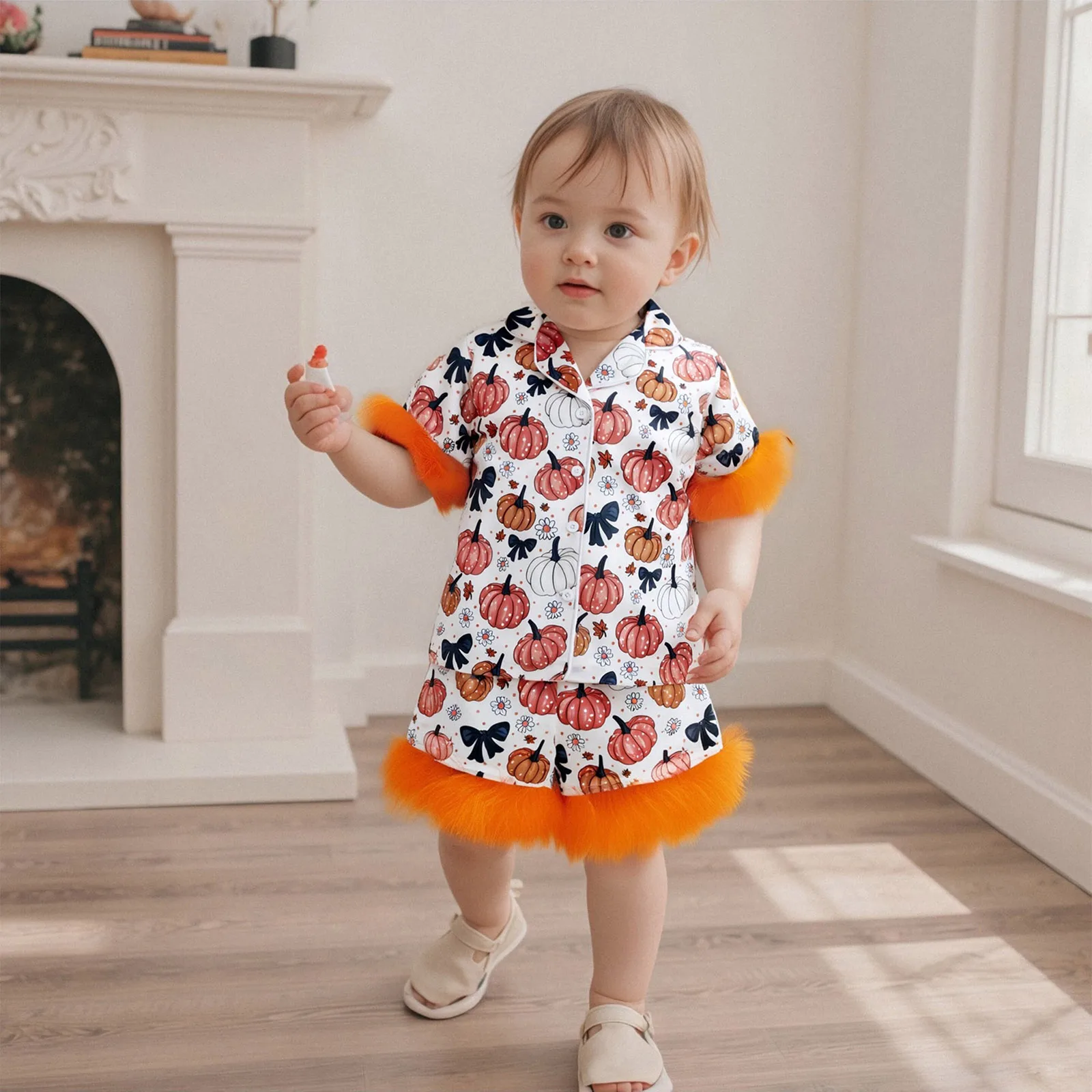 

Kids Girls Halloween Pajamas Set Pumpkin Print Short Sleeve Shirts Tops Elastic Waist Shorts Fall 2 Pieces Lounge Suit