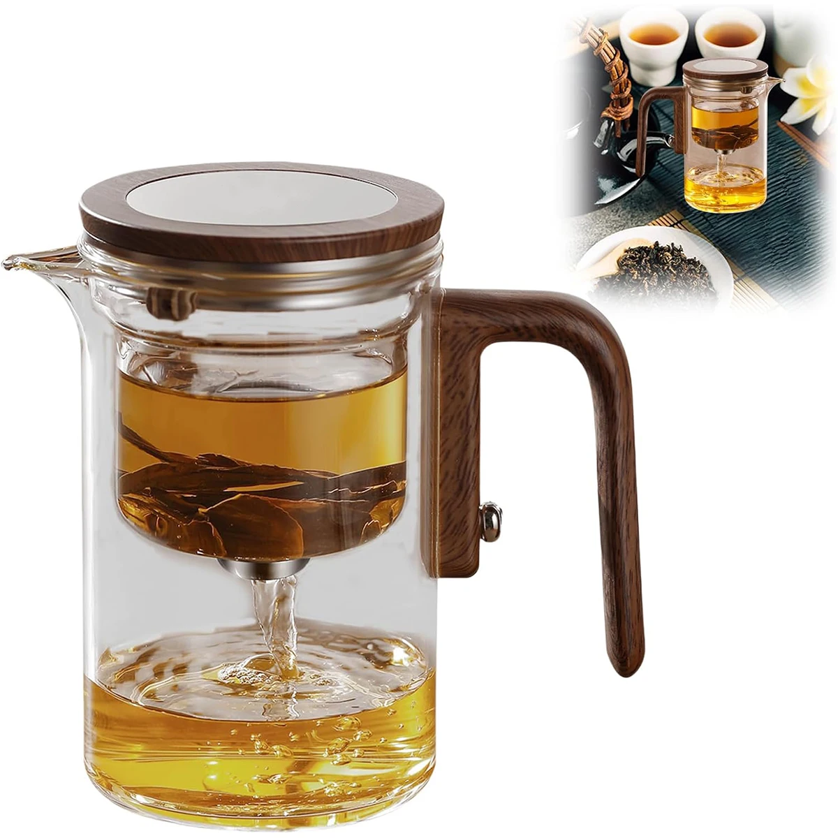 

600ML Tea Infuser Teapot Enchanti Tea Pot Glass Kettle Teapot with Wooden Handle One Click Switch Tea Filtration Teapots 1 Pc