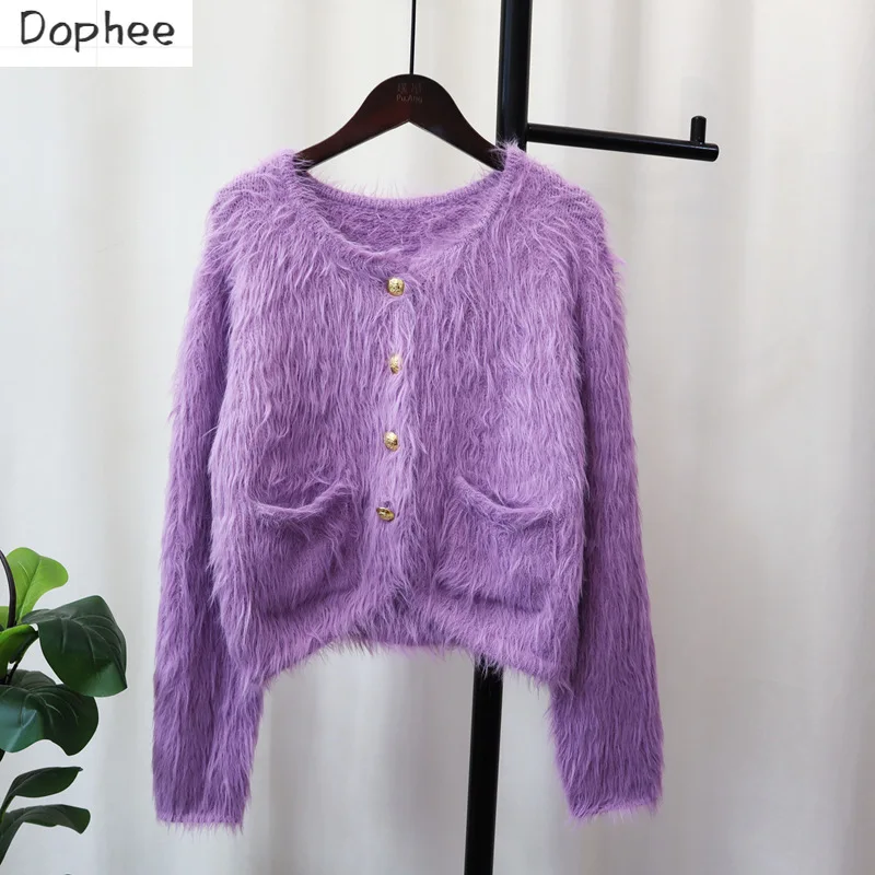 

Dophee Imitation Mink Velvet Knitted Cardigans for Women New Autumn Winter Solid Color Soft Tassel Single-breasted Sweater Coat