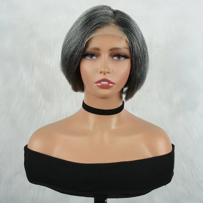 Short Straight Grey  Hair Wigs 4X4 Lace Front Wigs Glueless Pre Plucked Wig