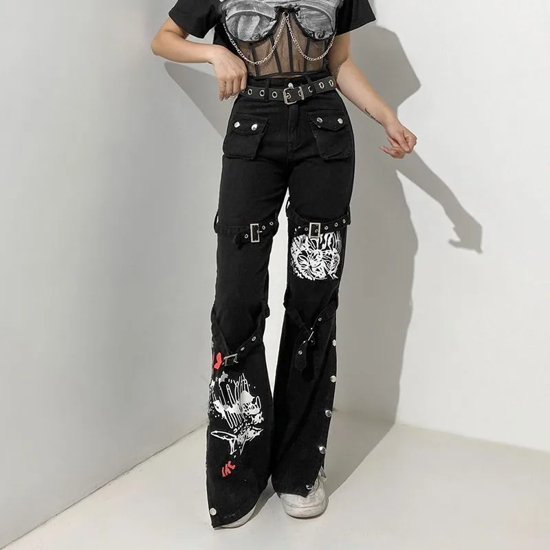 Y2K Metal Button High Waisted Straight Leg Jeans Drop Crotch Print Streetwear Pants Hip Hop Cargo Denim Trousers for Women