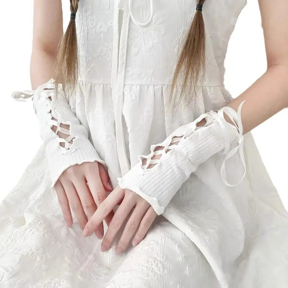 Lolita Women Arm Sleeves JK Hollow Out Lace-up Shirring Edge Fingerless Cosplay Performances Bride Wedding Arm Cuffs