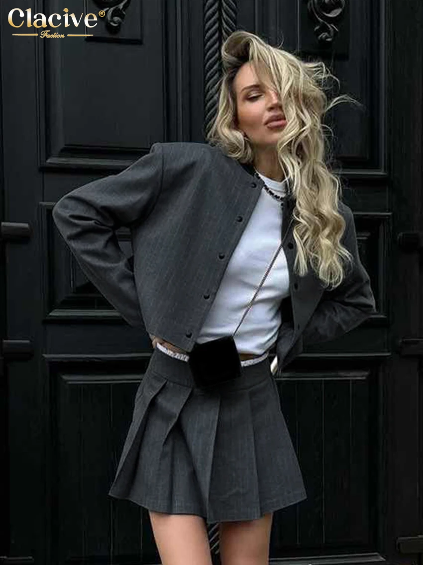 Clacive Fashion Loose Gray Stripe Skirts Sets For Women 2 Pieces Elegant Long Sleeve Crop Top With High Waist Pleated Skirt Set