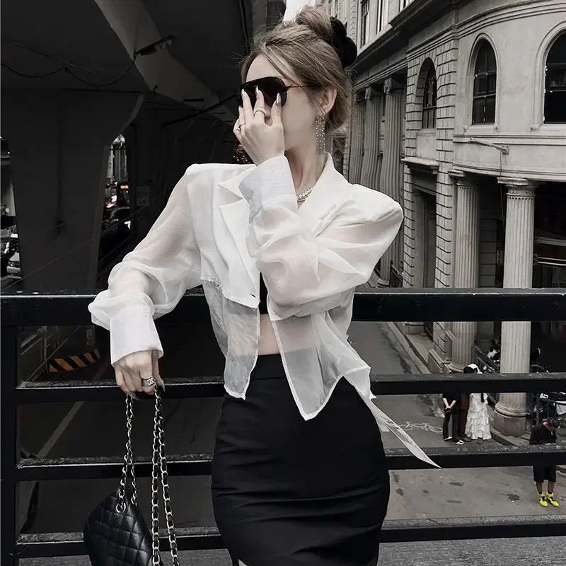Summer Long Sleeve Blazer Women Streetwear Open Back Patchwork Thin Korean Fashion Jacket Sun Protection Black Suit Dresses