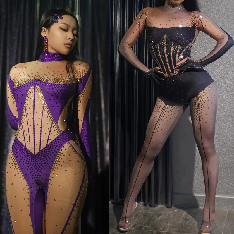 

Show girl Costume Party outfit Purple Black Rhinestones Jumpsuit Sexy Pole Dance Outfit Women Party Dancer Costume Halloween Dj