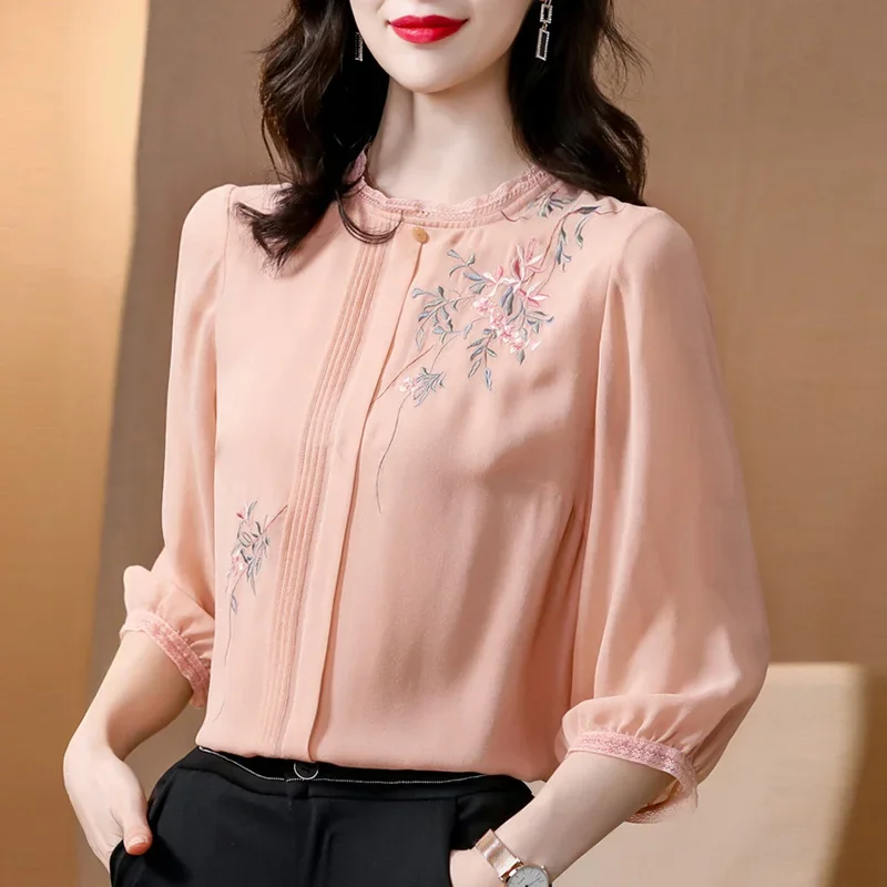 

2023 Summer Women Embroidery 3/4 Sleeve Blue Chiffon Top Blouse , Woman Clothes 3xl Casual Blouses and Tops